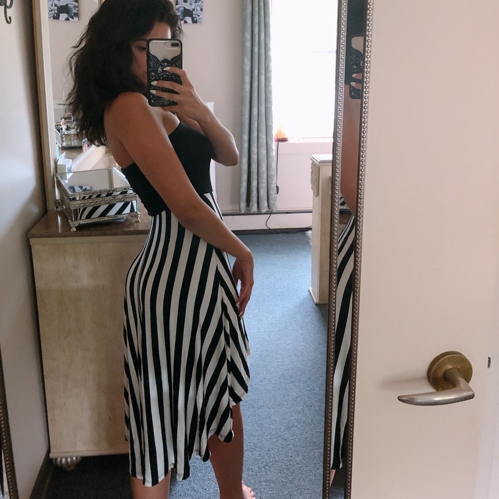 High-Low Black & White Striped Strapless Dress